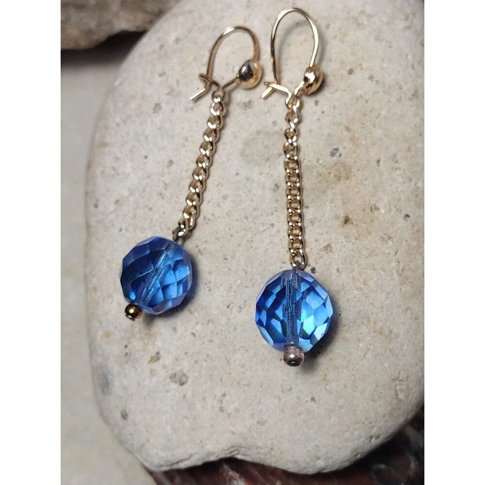 Blue Crystal Bead Gold Plated Chain Drop Dangle Earrings